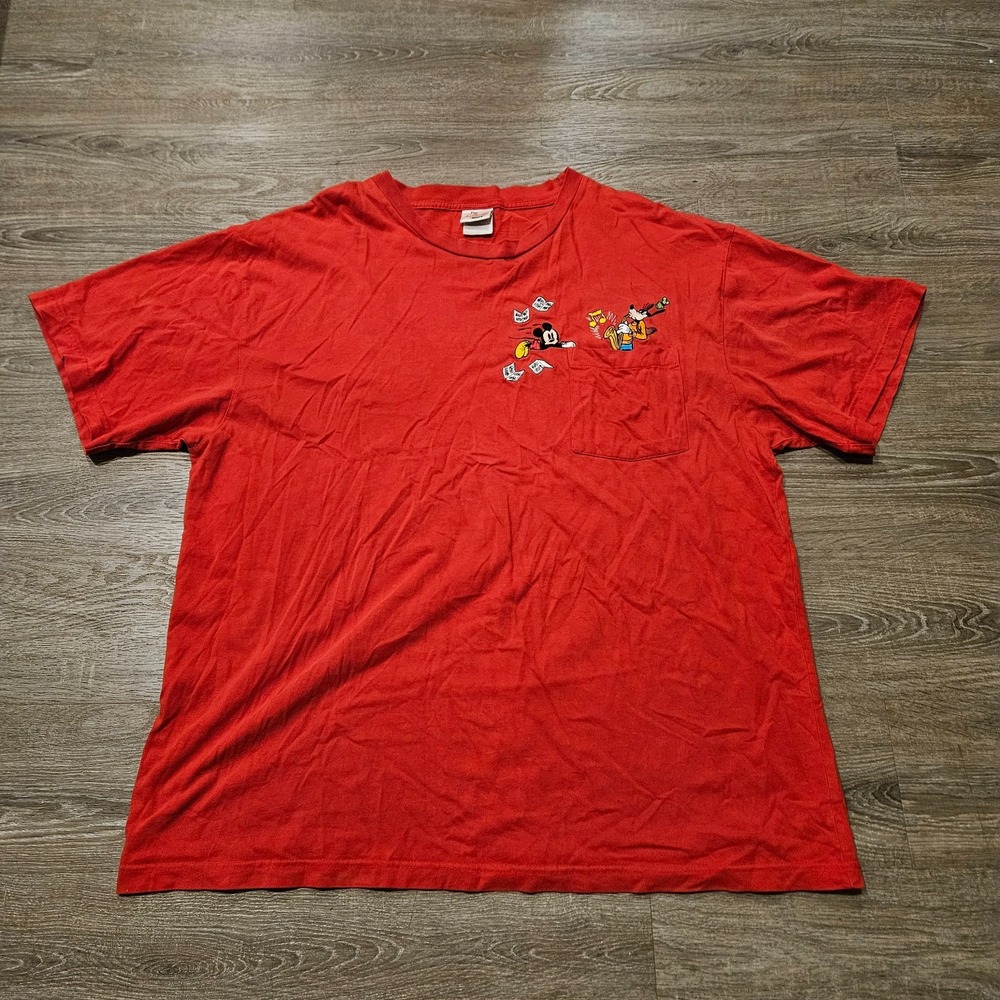 Vintage 90s Disney Store Mickey Goofy Pocket T Shirt XXL Red Embroidered